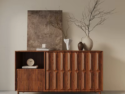 Stylish Wooden Entryway Cabinet Sideboard with Vases Dried Branches Artwork Clock and Books 3d model