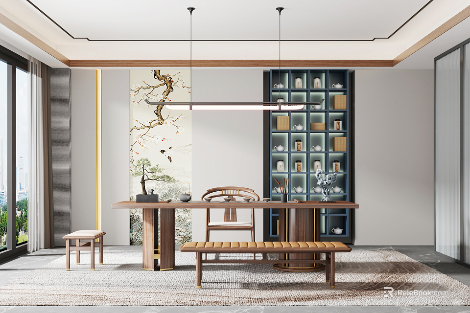 Traditional Tea Room Interior With Wooden Table Chairs Bench Artwork And Tea Sets 3d model 