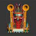 Colorful Parade Float With Orange Horns Red Green Structures And Playful Animal Creatures