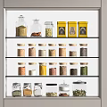 Decorative Spice Jar Collection In Glass Cabinet With Multiple Shelves And Various Spices