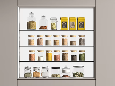 Decorative Spice Jar Collection In Glass Cabinet With Multiple Shelves And Various Spices 3d model