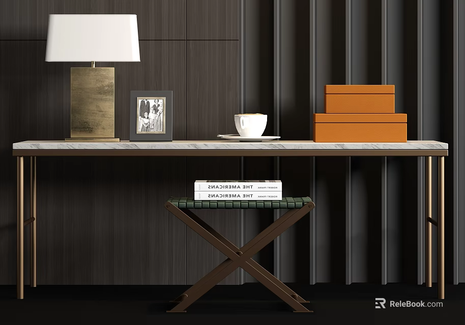 Modern Table Lamp On Table With Picture Frame White Cup Orange Boxes Against Dark Wall 3d model 