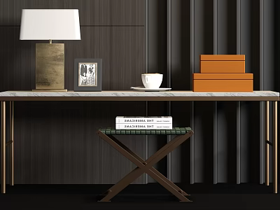 Modern Table Lamp On Table With Picture Frame White Cup Orange Boxes Against Dark Wall 3d model