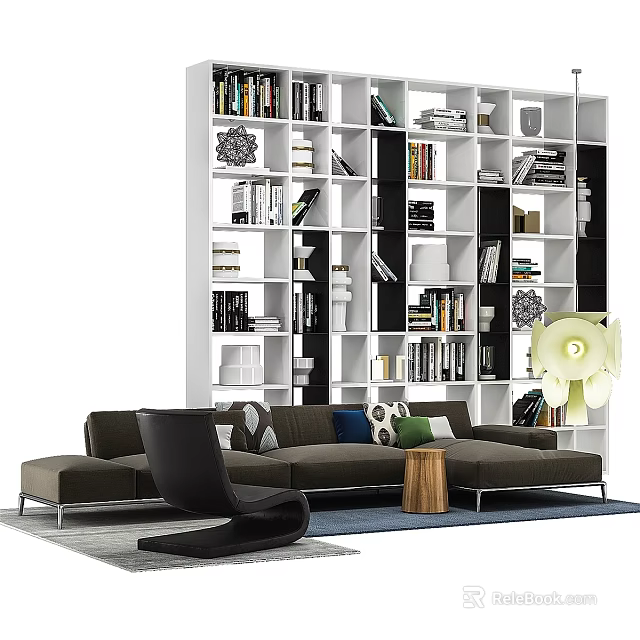 Modern Living Room Interior With Large Bookshelf Sofa And Decorative Items 3d model 