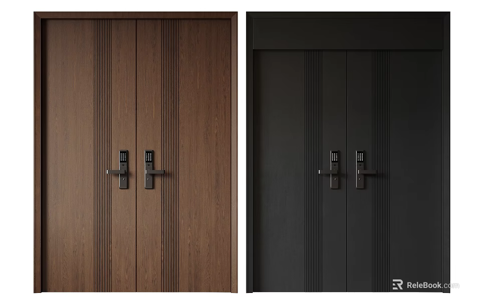 Brown And Black Wooden Double Doors With Vertical Stripes Door Locks And Handles 3d model 