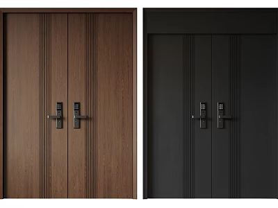 Brown And Black Wooden Double Doors With Vertical Stripes Door Locks And Handles 3d model