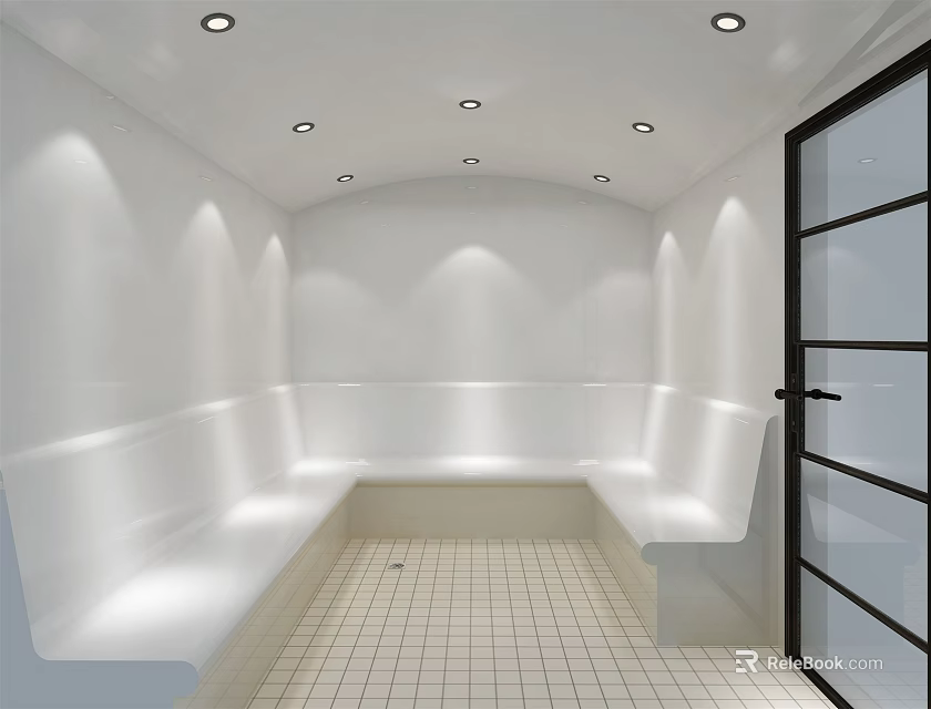 Beauty Hair Salon Interior With White Bench Seating Tile Floor Ceiling Lights And Glass Door 3d model 