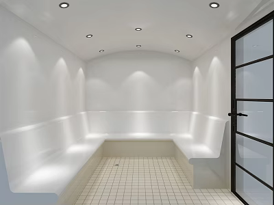 Beauty Hair Salon Interior With White Bench Seating Tile Floor Ceiling Lights And Glass Door 3d model