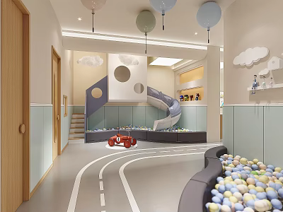 Kids Play Area With Slide Ball Pit Toy Car And Balloons 3d model