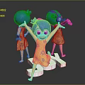 Blue Haired Cartoon Characters In Yellow Floral Dresses Dancing With Purple Headphones On White Structure
