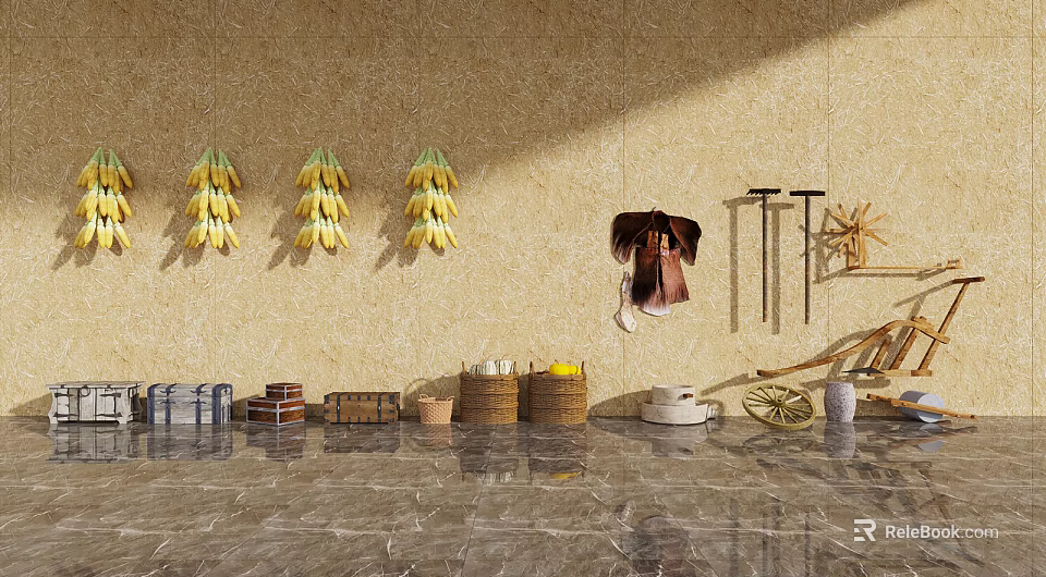 Garden Decor with Hanging Corn Bundles Hanging Clothes Tools Wooden Crates Baskets And Wheelbarrow 3d model 