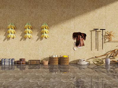Garden Decor with Hanging Corn Bundles Hanging Clothes Tools Wooden Crates Baskets And Wheelbarrow 3d model