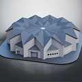 Symmetrical Architectural Model of Building With Blue Star Shaped Roof and White Walls