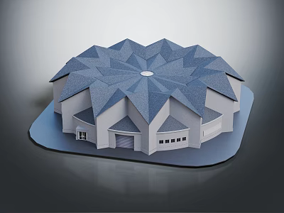 Symmetrical Architectural Model of Building With Blue Star Shaped Roof and White Walls 3d model