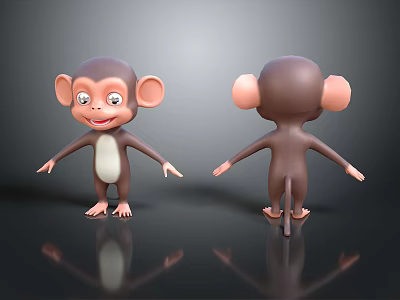 3D Brown Monkey Models Front Back Views With White Belly On Black Reflective Surface 3d model