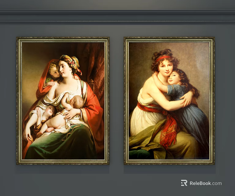 Two Classical Portrait Paintings of Women and Children with Gold Frames on Gray Wall 3d model 