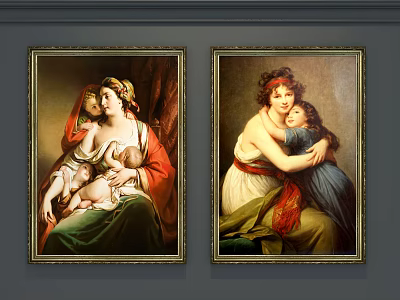 Two Classical Portrait Paintings of Women and Children with Gold Frames on Gray Wall 3d model