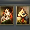 Two Classical Portrait Paintings of Women and Children with Gold Frames on Gray Wall