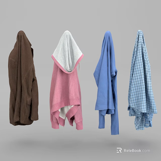 Hanging Clothes Collection Featuring Brown Pink Blue Plaid Styles And Hoodie Design 3d model 