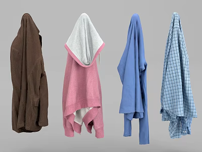 Hanging Clothes Collection Featuring Brown Pink Blue Plaid Styles And Hoodie Design 3d model