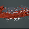 Traditional Chinese Dragon Ship With Ornate Roofs And Illuminated Windows Sailing On Water