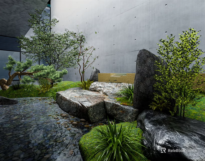 Serene Garden Ornament With Large Rocks Small Trees Mossy Grass And Flowing Stream 3d model 