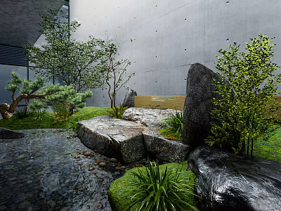Serene Garden Ornament With Large Rocks Small Trees Mossy Grass And Flowing Stream 3d model