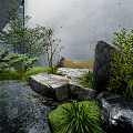 Serene Garden Ornament With Large Rocks Small Trees Mossy Grass And Flowing Stream