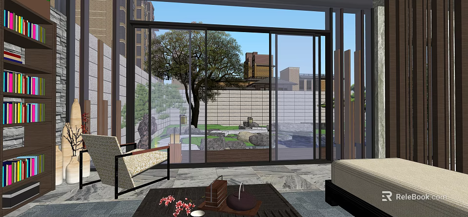 Serene Garden Landscape View From Indoor Through Large Glass Doors With Stone And Trees 3d model 