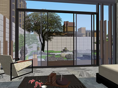 Serene Garden Landscape View From Indoor Through Large Glass Doors With Stone And Trees 3d model