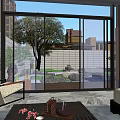 Serene Garden Landscape View From Indoor Through Large Glass Doors With Stone And Trees