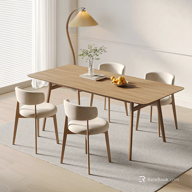 Modern Wooden Dining Table And Four Beige Chairs With Fruit Vase On Living Room Carpet 3d model 