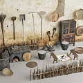 Rural Landscape Scene Featuring Traditional Farm Tools Woven Baskets Stone Stove And Thatch Fence