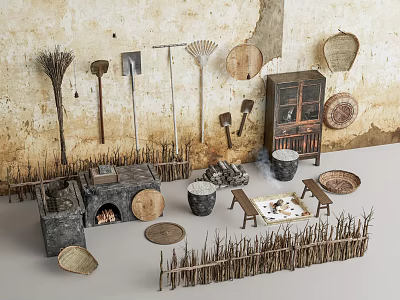Rural Landscape Scene Featuring Traditional Farm Tools Woven Baskets Stone Stove And Thatch Fence 3d model
