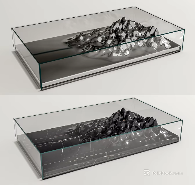 Modern Glass Coffee Table With Black And Silver Mountain Shaped Decorations 3d model