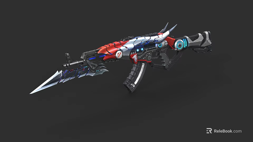 Futuristic Mechanical Gun Weapon With Red Blue Silver Design And Glowing Blade 3d model 