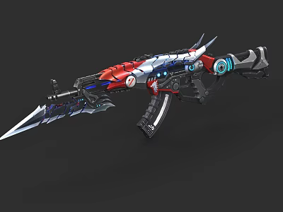 Futuristic Mechanical Gun Weapon With Red Blue Silver Design And Glowing Blade 3d model
