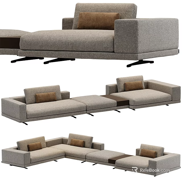 Gray Fabric Modular Sectional Sofa Set With Brown Cushions And Black Legs 3d model 