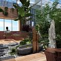 Lush Villa Balcony with Glass Roof Tall Green Plants Wooden Flooring and Outdoor Lounge Area