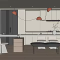 Modern Kitchen Interior With White Island Counter Gray Cabinets Red Pendant Lights And Seating