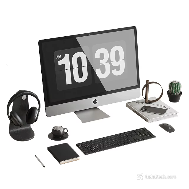iMac Desktop Workspace Setup Featuring Headphones Coffee Cup Notebook Keyboard Mouse Smartphone Holder And Cactus 3d model 