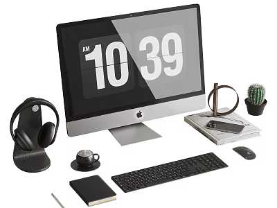 iMac Desktop Workspace Setup Featuring Headphones Coffee Cup Notebook Keyboard Mouse Smartphone Holder And Cactus 3d model