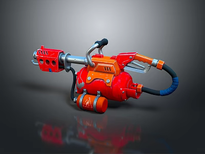 Red And Orange Mechanical Weapon With Metal Nozzle Fuel Tank And Black Hose 3d model