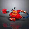 Red And Orange Mechanical Weapon With Metal Nozzle Fuel Tank And Black Hose