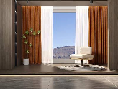 Orange Curtains With White Sheer Panels In Living Room Mountain View And White Chair 3d model