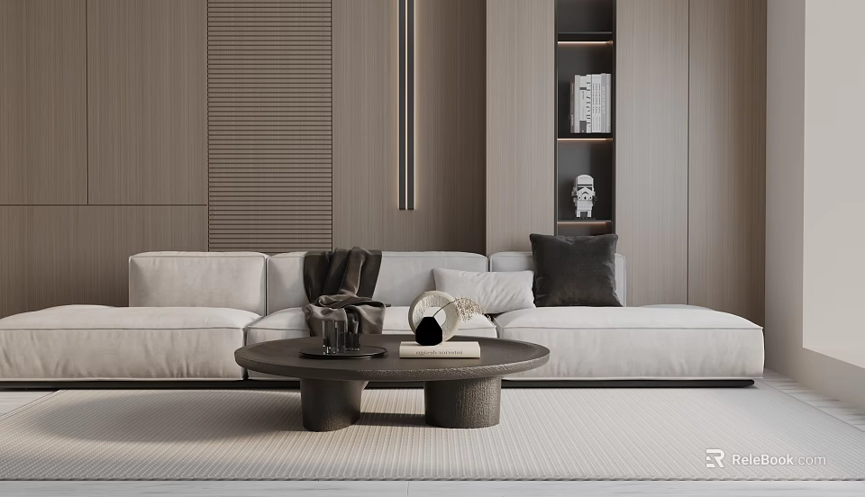 Modern Living Room Beige Three Seater Sofa with Throw Pillows Blanket and Round Coffee Table Against Wooden Wall 3d model 