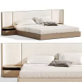 Modern Double Bed with Upholstered Headboard Wooden Frame Matching Nightstand Soft Pillows and Cozy Blanket