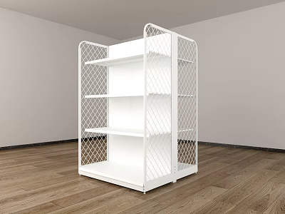 White Metal Display Shelf with Grid Side Panels and Multiple Storage Shelves in Room 3d model