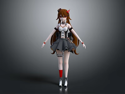 Game Movie Character with Long Brown Hair Red Hair Accessories Black White Outfit Short Skirt 3d model