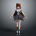 Game Movie Character with Long Brown Hair Red Hair Accessories Black White Outfit Short Skirt